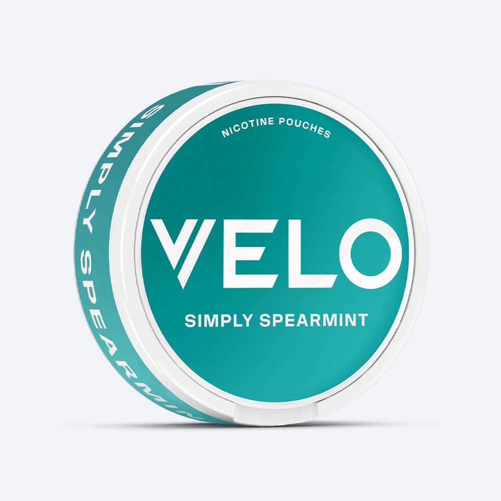 Teal circular container of Simply Spearmint nicotine pouches.