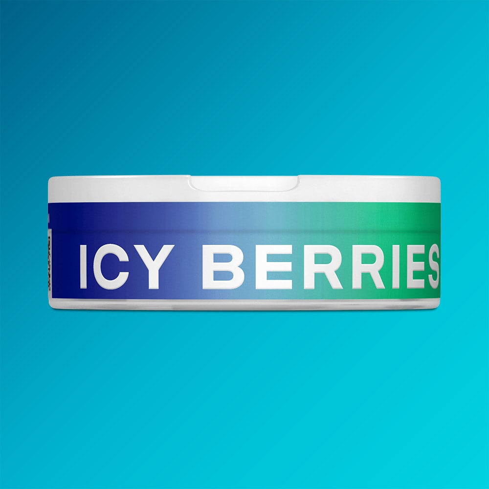 A round VELO Icy Berries container with a blue-to-green gradient label featuring blueberries and blackberries, reading ICY BERRIES in white text.